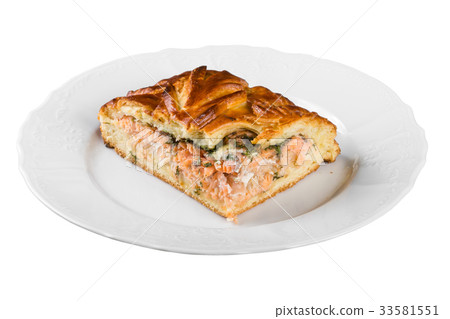 Piece of fish pie isolated on white background Piece of fish pie isolated on white background 33581551