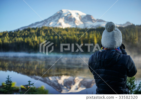 The  Photographer Taking Pictures of Mountain Lake 33582320