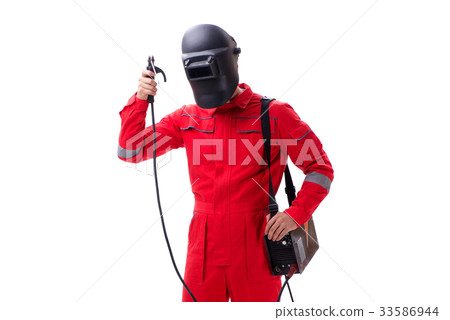 Young repairman with a welding gun electrode and a 33586944