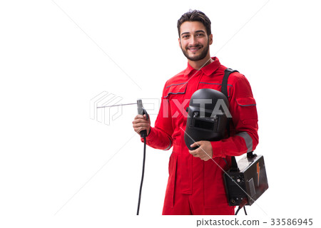 Young repairman with a welding gun electrode and a 33586945