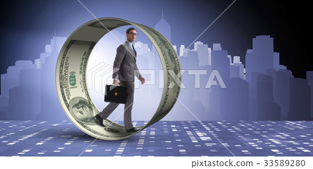 Businessman in hamster wheel chasing dollars Businessman in hamster wheel chasing dollars 33589280