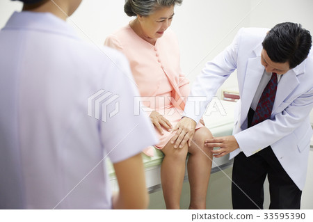 a doctor is checking elderly woman's knee in clinic a doctor is checking elderly woman's knee in clinic 33595390