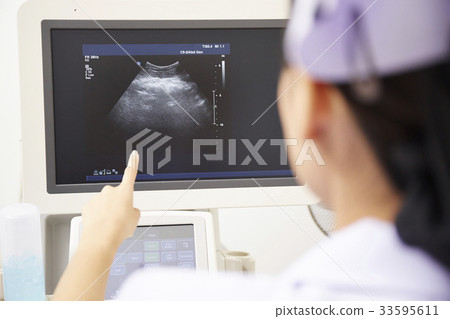 a nurse is pointing at the picture on the scanner screen a nurse is pointing at the picture on the scanner screen 33595611
