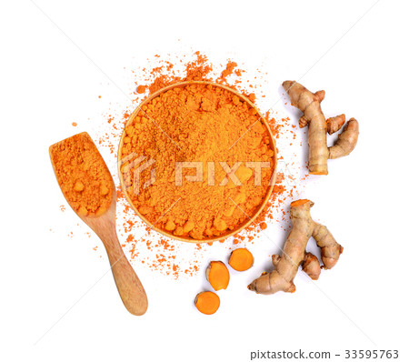 top view of turmeric roots and turmeric powder top view of turmeric roots and turmeric powder 33595763