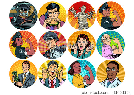set pop art round icons characters avatar 33603304