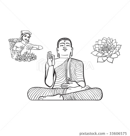 vector buddha statue woman tea picker lotus flower 33606575