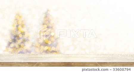 Wooden table top with blur background in snowfall Wooden table top with blur background in snowfall 33608794