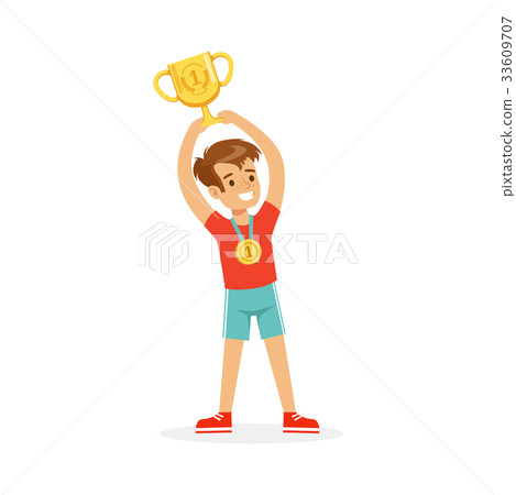Young athletes boy holding winner cup, kid 33609707