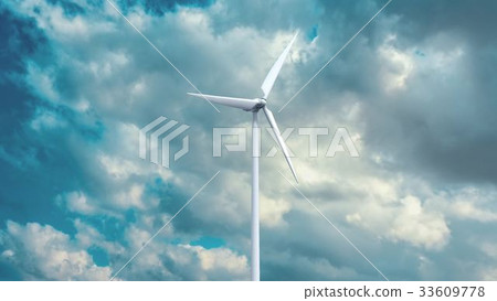 Wind power generators on sky background. 33609778