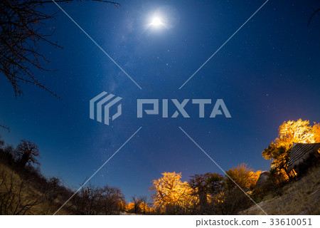 Starry sky, Milky Way arc and moon 33610051