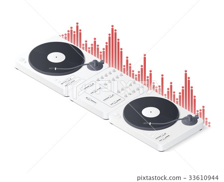 DJ mixer panel, turntables and wave equalizer 33610944