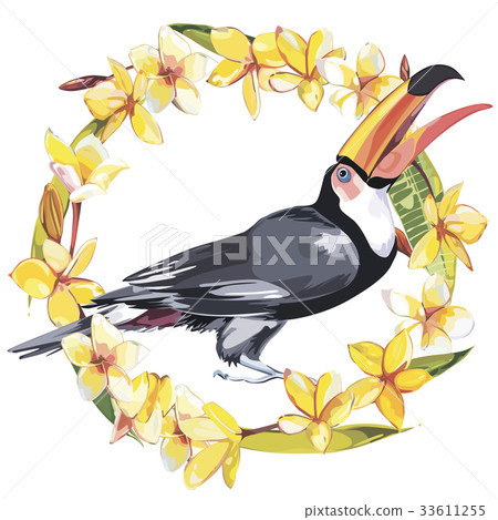 Flamingo with tropical flowers. Element for design 33611255