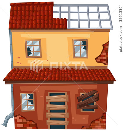 Brick house with broken roof and windows 33613594
