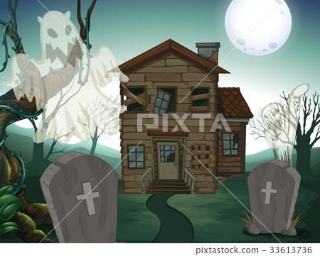 Haunted house and graveyard at night 33613736