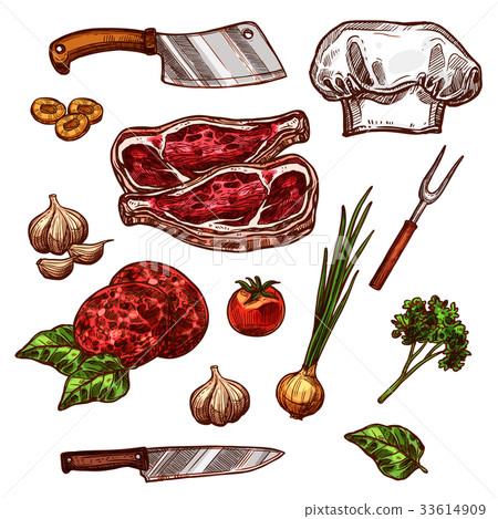 Vector icons of butchery meat and seasonings Vector icons of butchery meat and seasonings 33614909