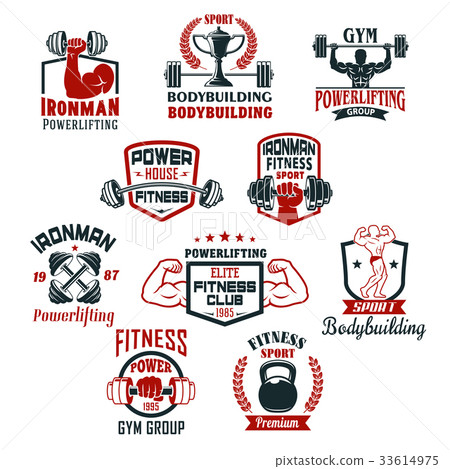 Bodybuilding gym or powerlifting club vector icons Bodybuilding gym or powerlifting club vector icons 33614975