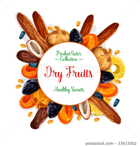 Vector poster of dried fruits and dry fruit snacks Vector poster of dried fruits and dry fruit snacks 33615002