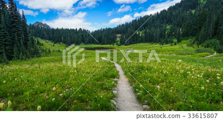 Mountain with Blue Sky and Green Grass and Lake Mountain with Blue Sky and Green Grass and Lake 33615807
