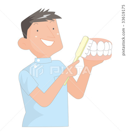 A male dentist who teaches brushing teeth. 33619175