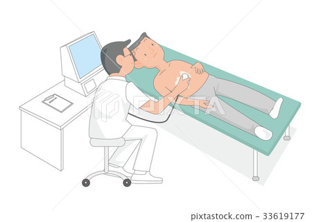 A man and a doctor who undergo an ultrasound test. 33619177