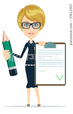 woman with a questionary and big green pencil. woman with a questionary and big green pencil. 33622007