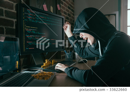 happy hacker raised hand celebration successful happy hacker raised hand celebration successful 33622660