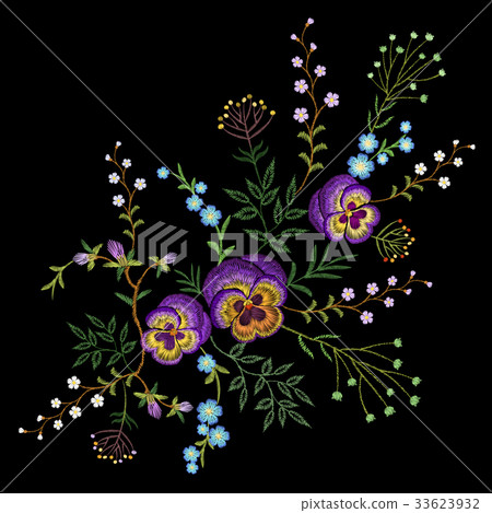 Embroidery pancies floral pattern small branches 33623932