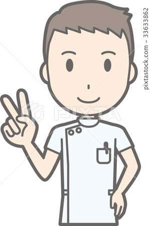 Illustration of a male nurse in a white coat doing a peace sign 33633862