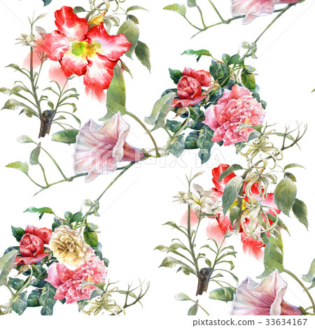Watercolor painting of leaf and flowers, pattern 33634167