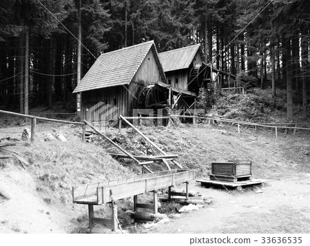 Gold ore mills. Medieval wooden water mills in Gold ore mills. Medieval wooden water mills in 33636535