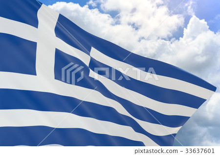 3D rendering of Greece flag waving on blue sky 3D rendering of Greece flag waving on blue sky 33637601