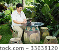 A man and his tablet sit in the garden. 33638120