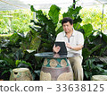 A man and his tablet sit in the garden. 33638125