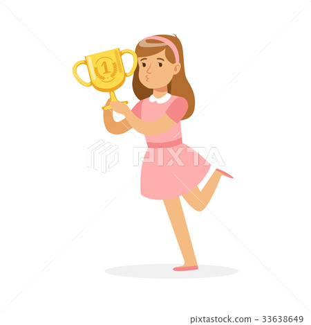 Happy school girl in pink dress holding winner cup Happy school girl in pink dress holding winner cup 33638649