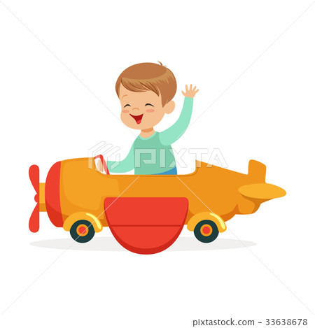 Cute little boy riding on toy airplane, kid have a 33638678