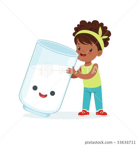 Cute black little girl and funny milk glass with 33638711
