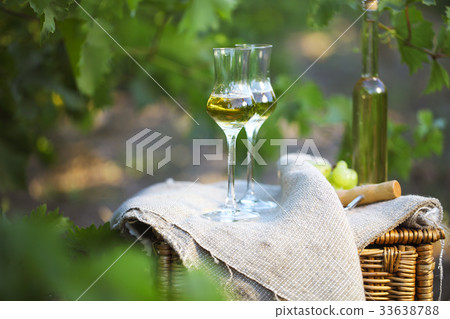 Grappa and glasses with bunch of grapes 33638788