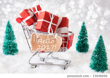 Trolly With Christmas Gifts And Snow, Hello 2017 Trolly With Christmas Gifts And Snow, Hello 2017 33646698