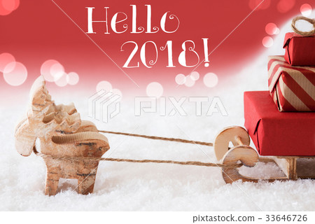 Reindeer With Sled, Red Background, Hello 2018 33646726