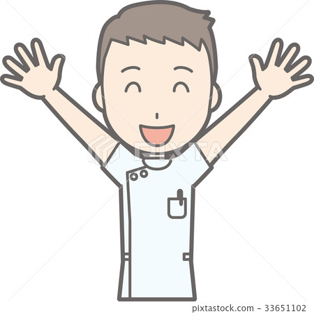 Illustration where a male nurse in a white coat is laughing with her hands raised Illustration where a male nurse in a white coat is laughing with her hands raised 33651102