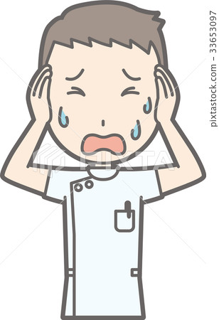 一件白色外套的一位男性護士拿著他的頭並且生氣的例證 一件白色外套的一位男性護士拿著他的頭並且生氣的例證 33653097