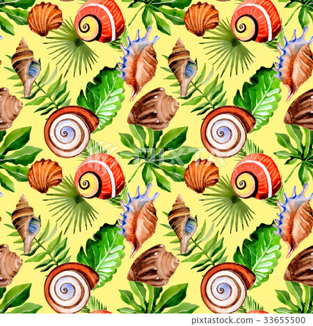 Tropical Hawaii leaves palm tree and sea shell 33655500