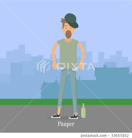 Pauper Men with Empty Pockets in City Park. 33655852