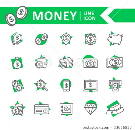 Set of vector bank and money line icons. Coin 33656833