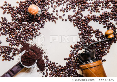 Coffee bean, wooden grinder, portafilter, tamper 33658329