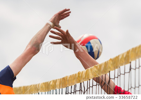 Yellow volleyball net, selective focus 33658722