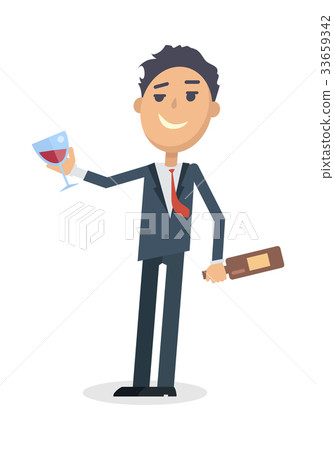Man with Bottle of Wine Isolated on White. Vector 33659342