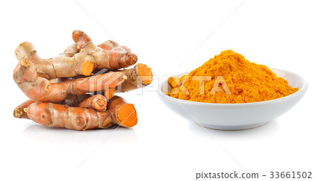 Turmeric roots with turmeric powder isolated Turmeric roots with turmeric powder isolated 33661502