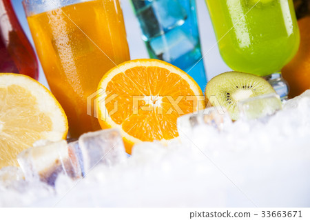 Summer drink, palm branch and Fresh tropical fruits 33663671