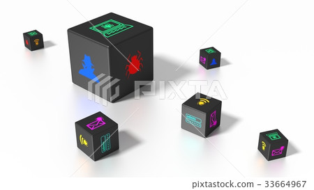 Black cubes with colored cybersecurity icons Black cubes with colored cybersecurity icons 33664967
